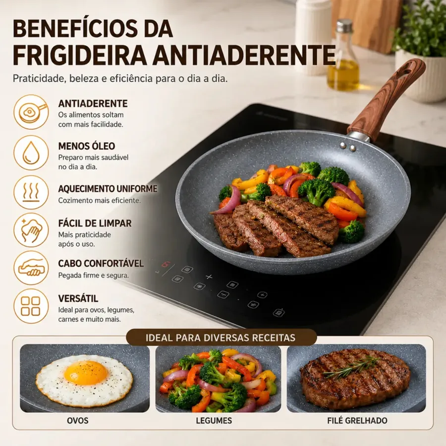 Benefícios: antiaderente, zero óleo, aquecimento uniforme, fácil de limpar, cabo confortável