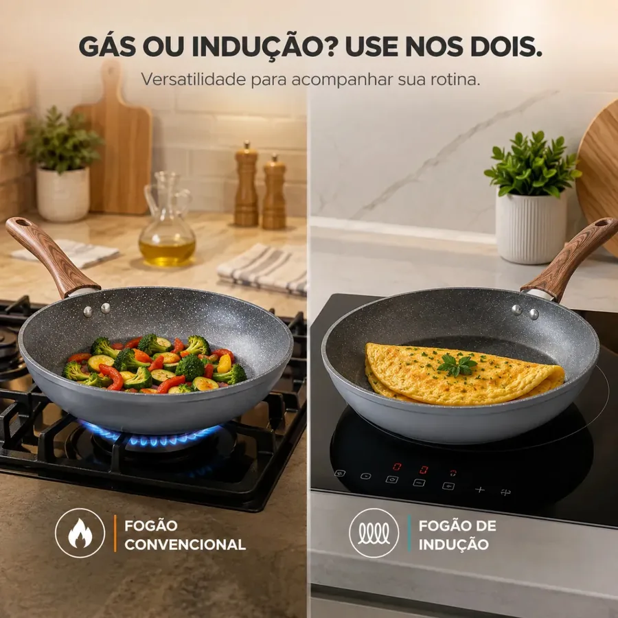 Funciona em fogão a gás e em fogão de indução