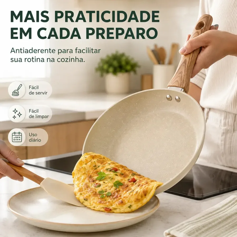 Omelete deslizando da frigideira para o prato